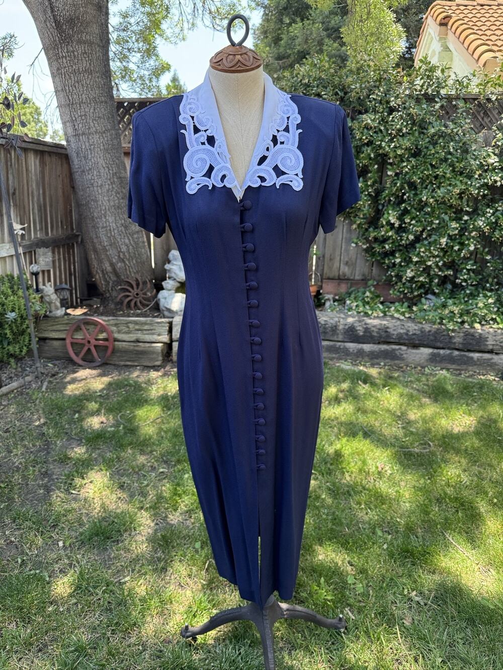 Vintage 80’s Dawn Joy Fashions Midi Dress White Lace Collar Navy Blue Size 6